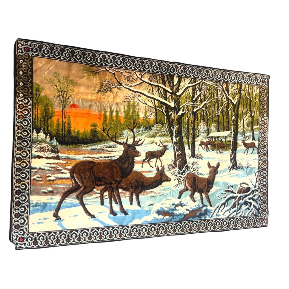 Vtg Velvet Deer Forest Winter Scene Wall Tapestry Hanging XL 75x50 Rustic Cabin